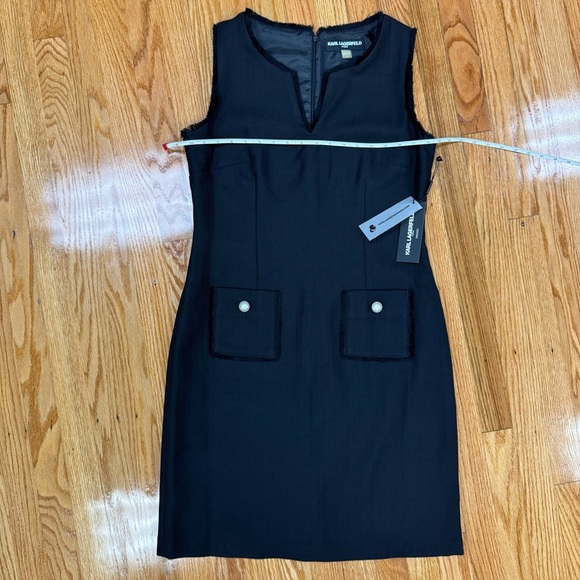 NWT Karl Lagerfeld Black Tweed Sheath Dress with Fringe Detail - Picture 3 of 12